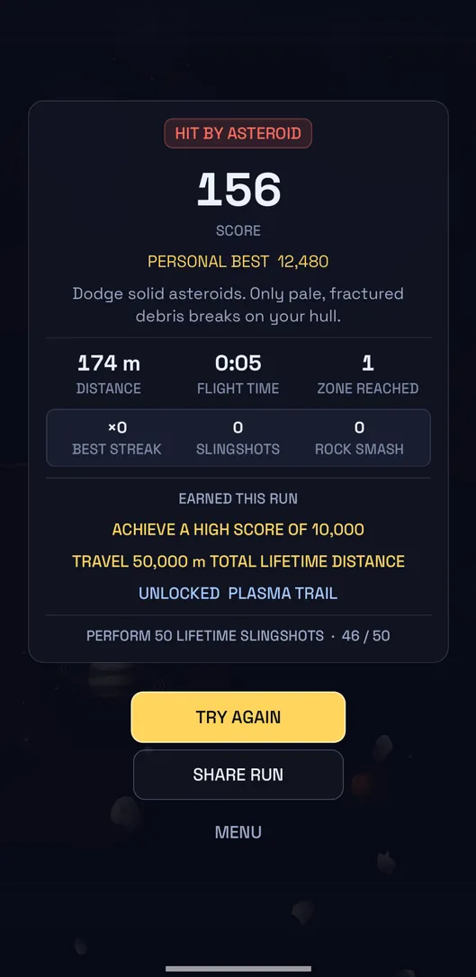 End-of-run results showing score, distance and challenges earned